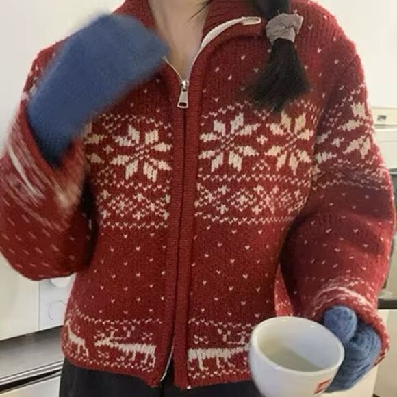 New Handmade Nordic Fair Isle Cropped Cardigan Two way zipper Sz L - Picture 1 of 6